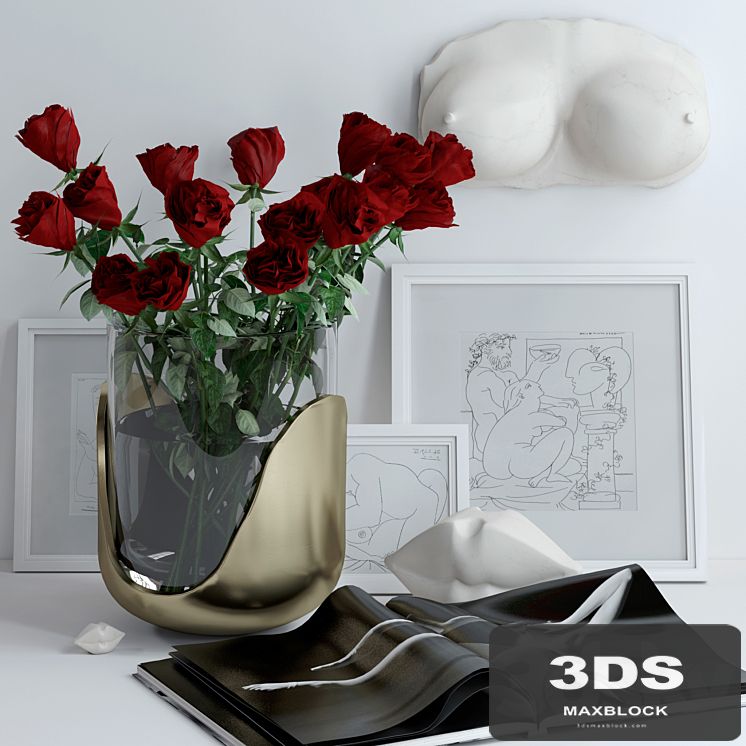 Set with roses, marble bust and lips