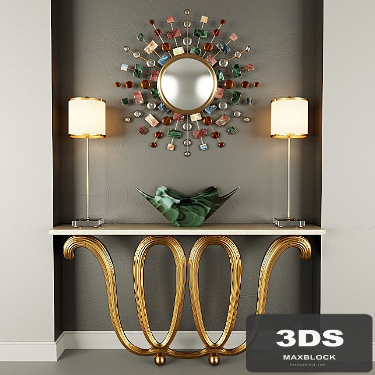 Wall Console, Mirror, Table lamp and vase