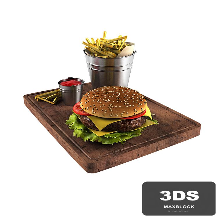 Hamburger and french fries in a bucket