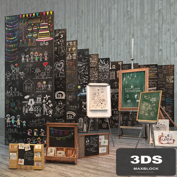 A set for creating slate surfaces with images of chalk