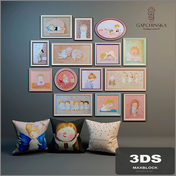 Decorative set of paintings and pillows for baby girls