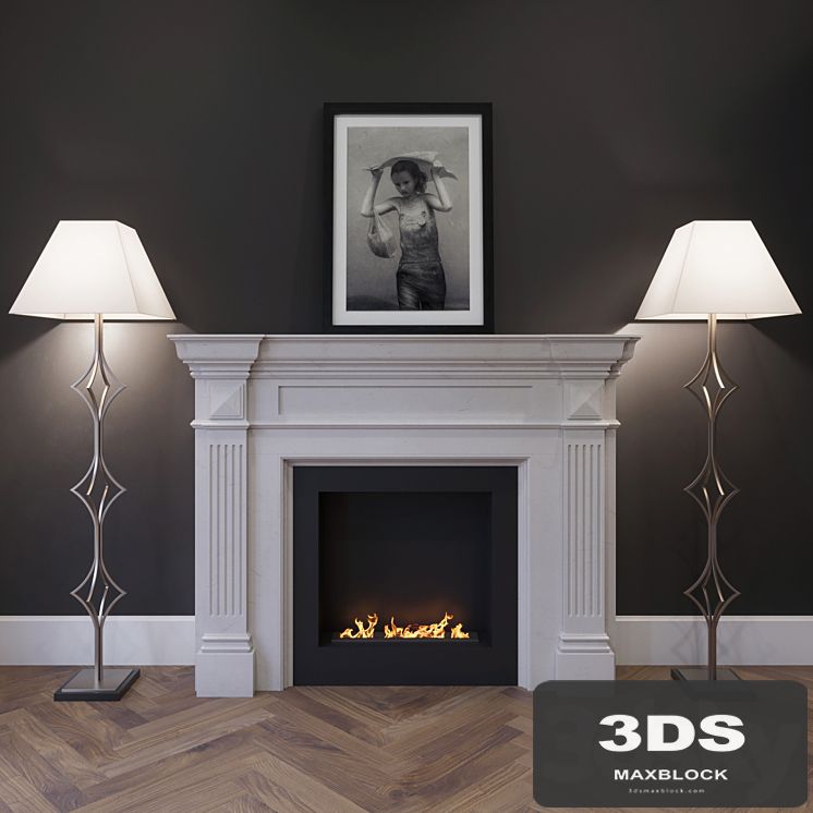 The fireplace is marble with a biotope, floor lamps and a picture.