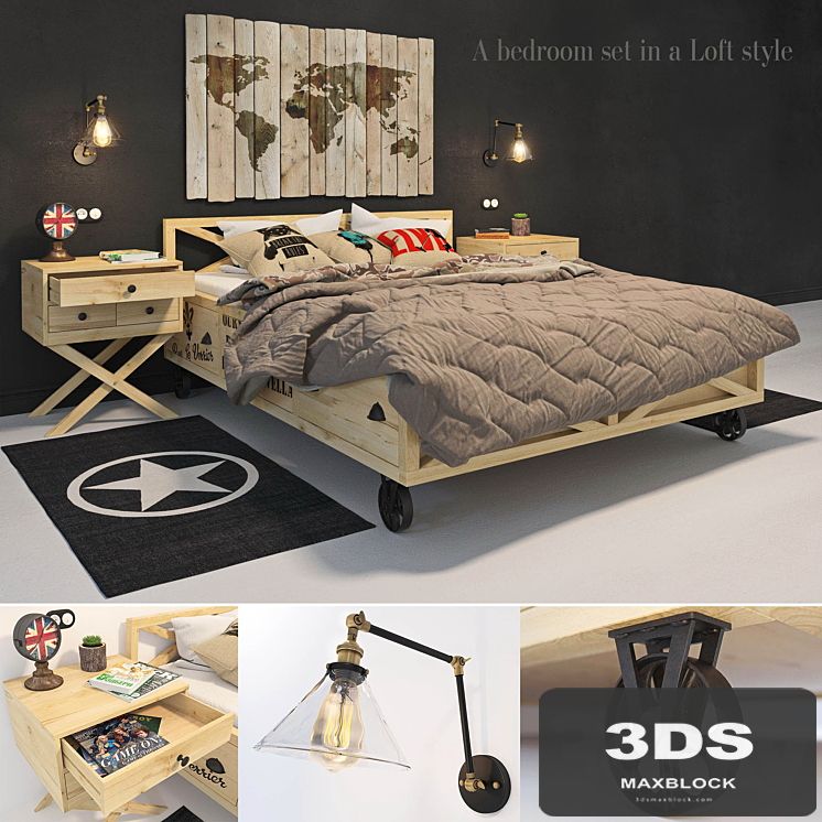 Set for the interior - 2. Bedroom furniture in the Loft style.