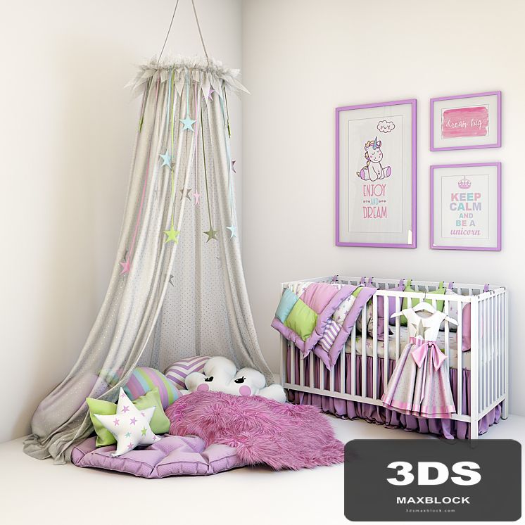 Multicolored set for a nursery - a cot, a soft zone with pillows and a canopy and pictures