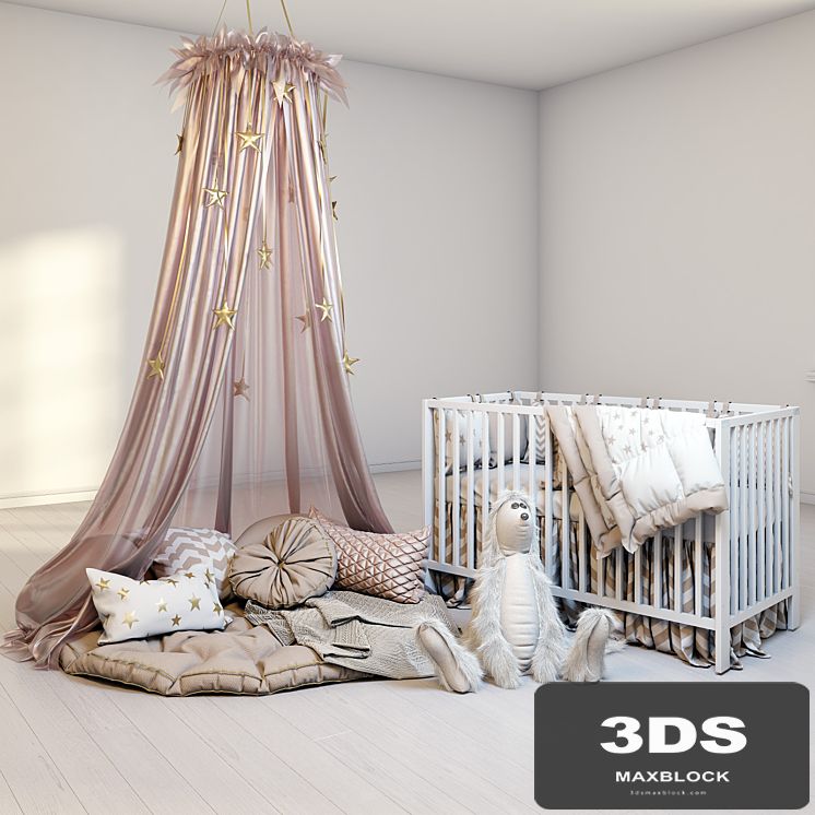 A cozy set for a children's room with a canopy, a cot IKEA Gulliver and a fluffy rabbit.