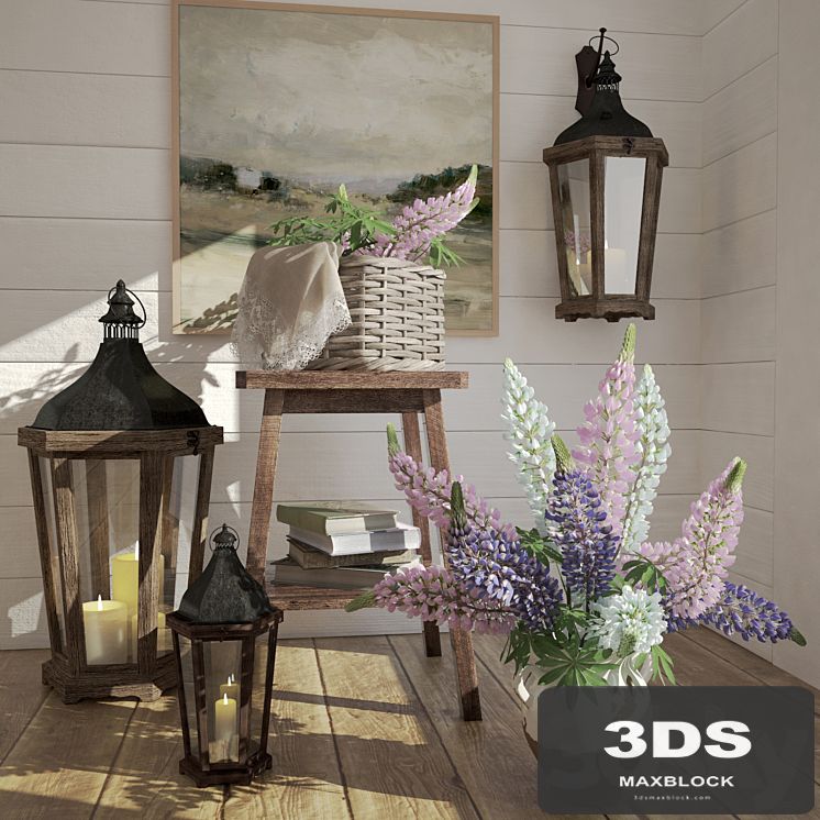 Decorative set of objects with a bouquet of lupine