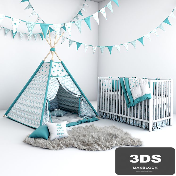 Set for baby boy - wigwam with mattress, pillows, fur coat and cot
