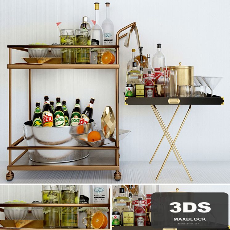 A table with alcohol and a cocktail. Alcohol