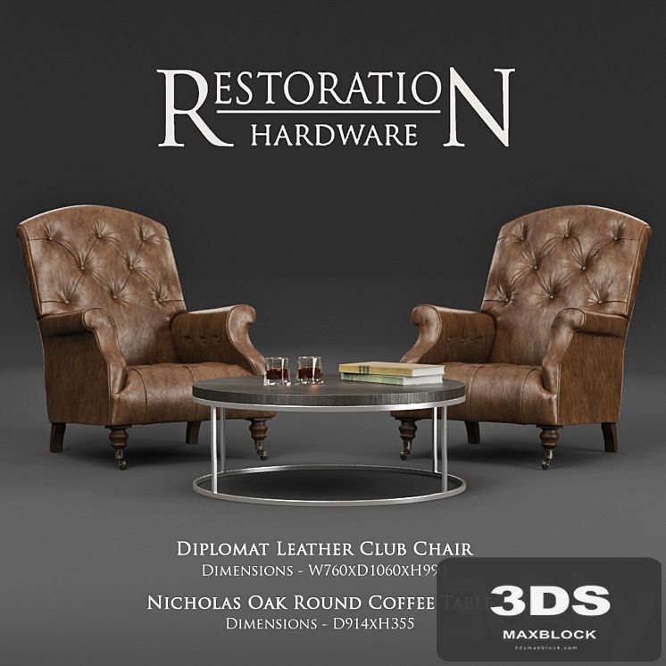 Restoration Hardware / Diplomat Leather Club Chair & Nicholas Oak Round Coffee Table