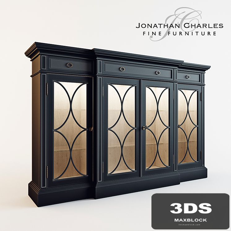 Black painted 4-door breakfront display cabinet, Jonathan Charles