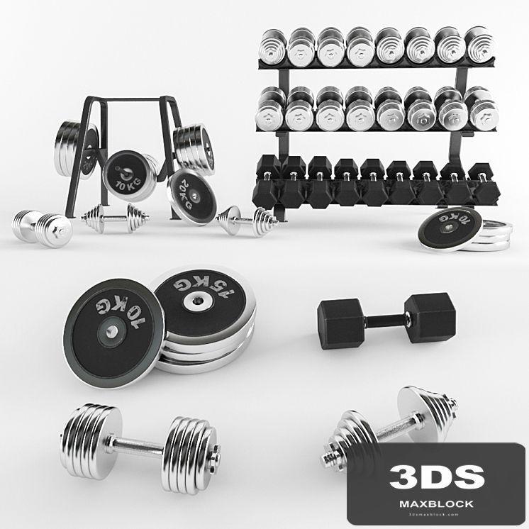 A set of sports dumbbells and pancakes on the racks.