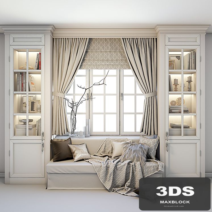 Soft area at the window - a sofa with pillows, blankets, curtains, cabinets and decor.