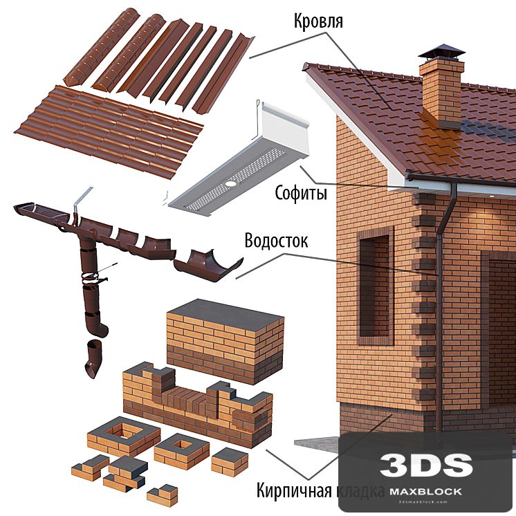 A set of elements for building a brick house