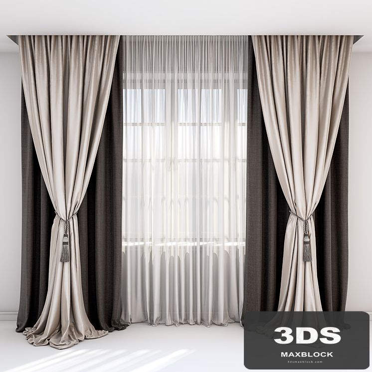 Curtains with pick-up - a brush and straight curtains in brown-beige tones.