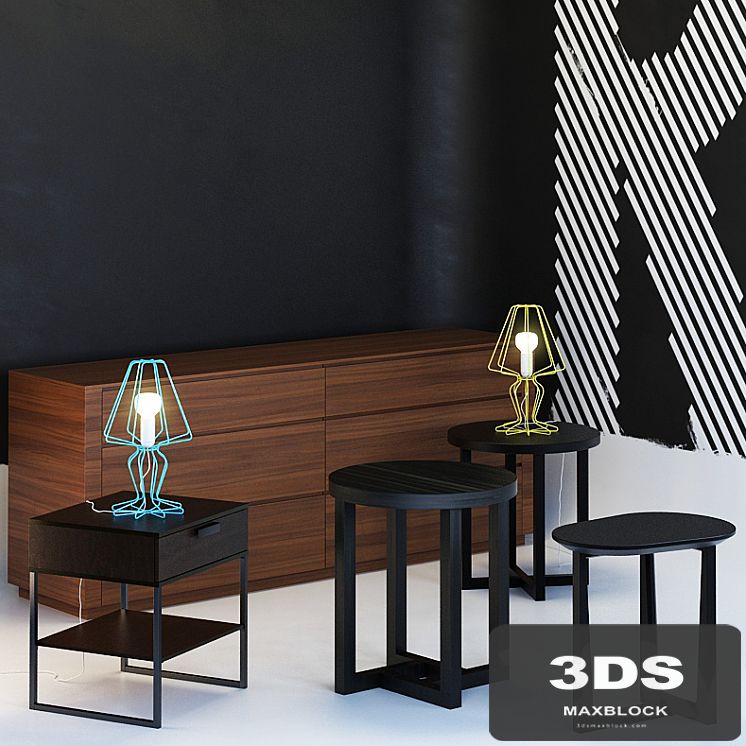 Set tables, chest of drawers and a lamp