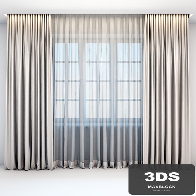 Satin straight beige curtains in the floor and tulle in a modern style