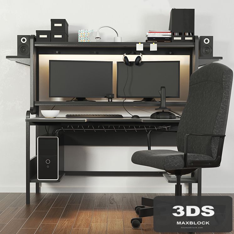 A set of office furniture in a minimalist style with a computer. Books, stationery