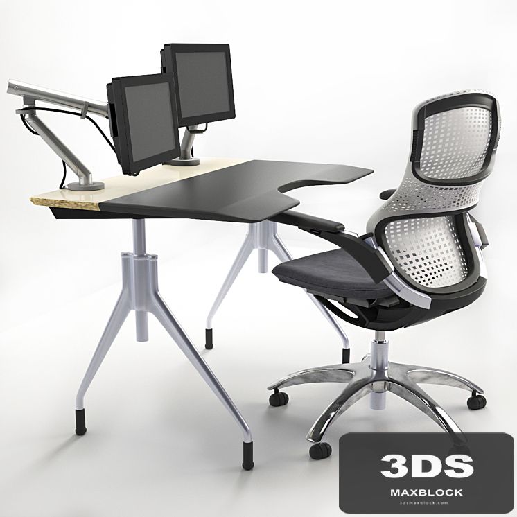 Working table with Knoll chair, monitors.
