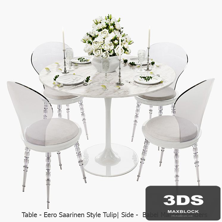 White set / Babel chair by Marcel Wanders, table Eero Saarinen Style Tulip, serving.