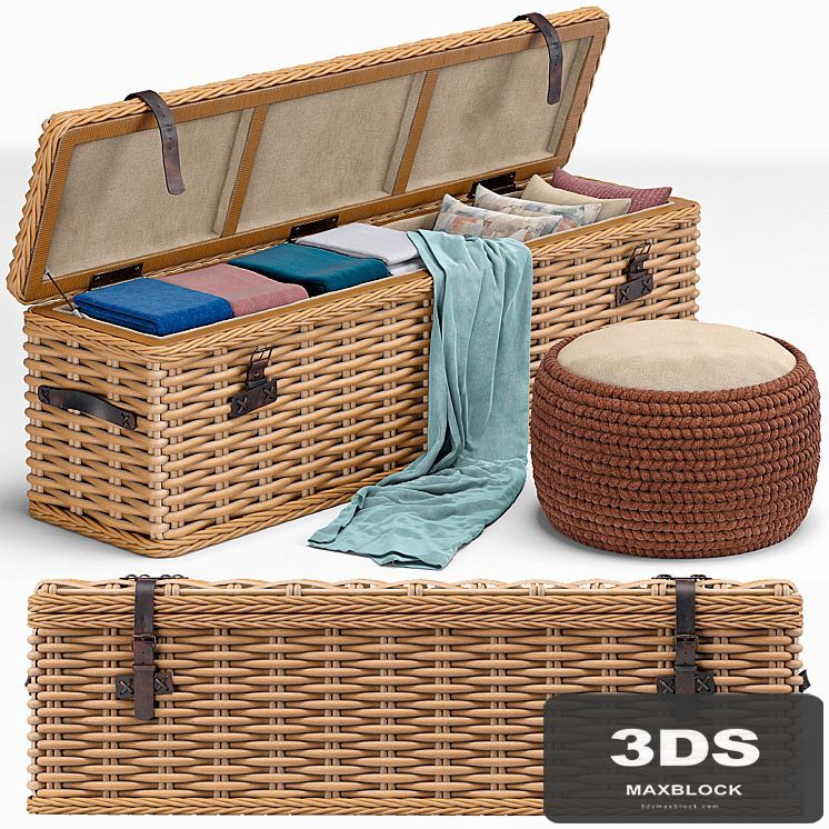Brenna Leather Accent Woven Rattan Trunk, pouf