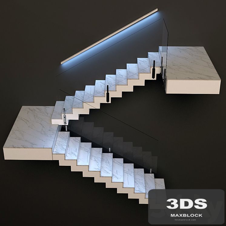 Ladder made of marble, glass and metal with built-in LED illuminated handrail
