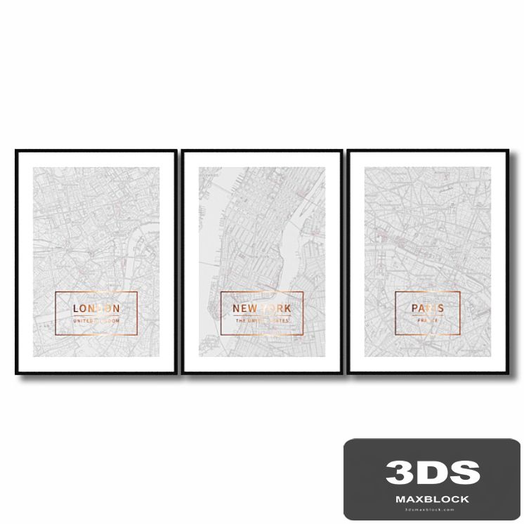 Posters with maps of London, Paris, and New York.