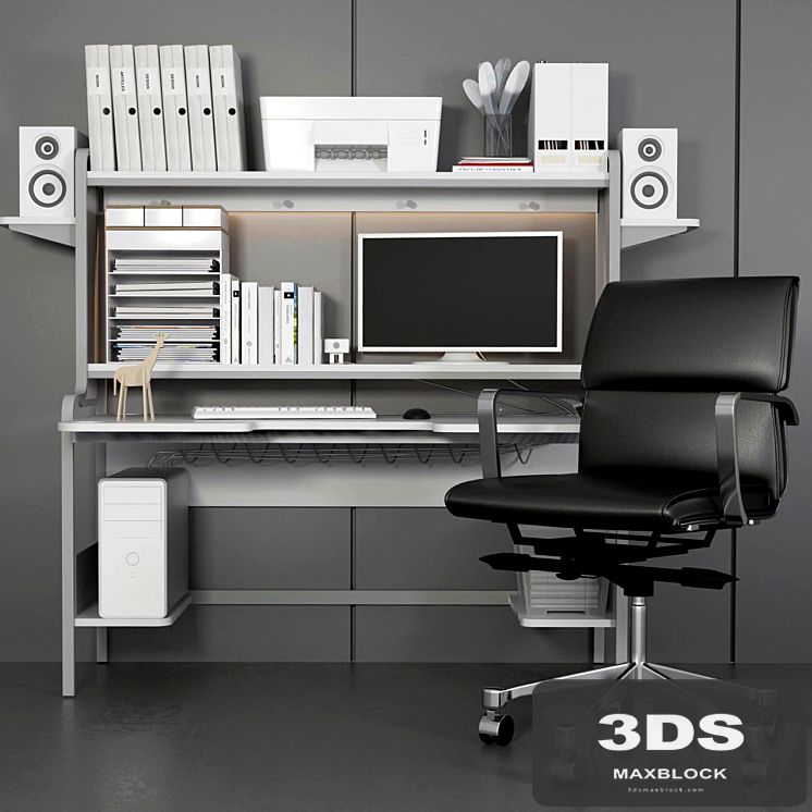 Collection of office furniture for home and stationery. Computer, table and chair