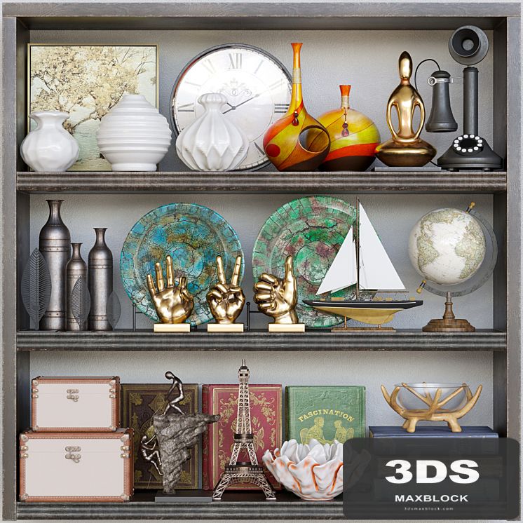 Wardrobe with a collection of vases, decor and figurines. Books