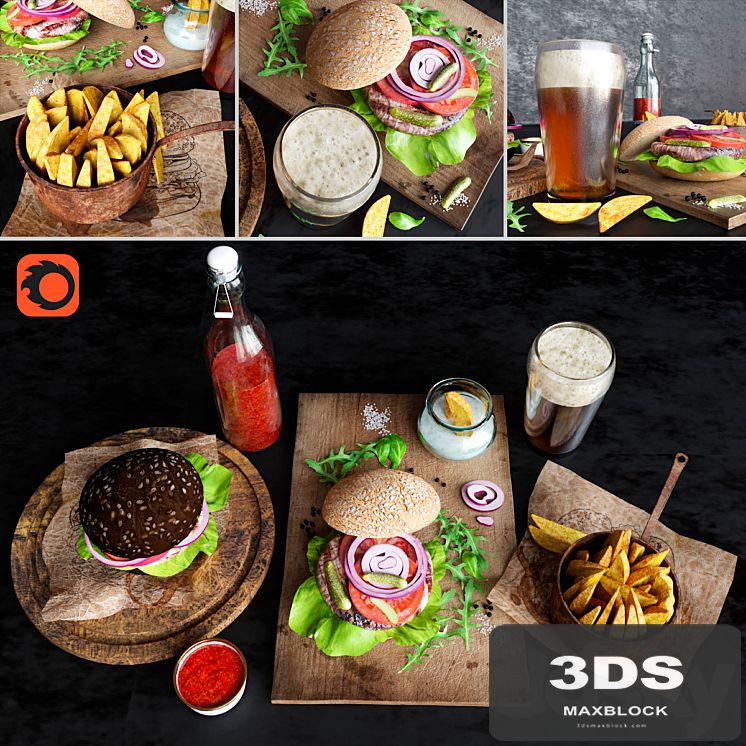 Burgers with potatoes and beer