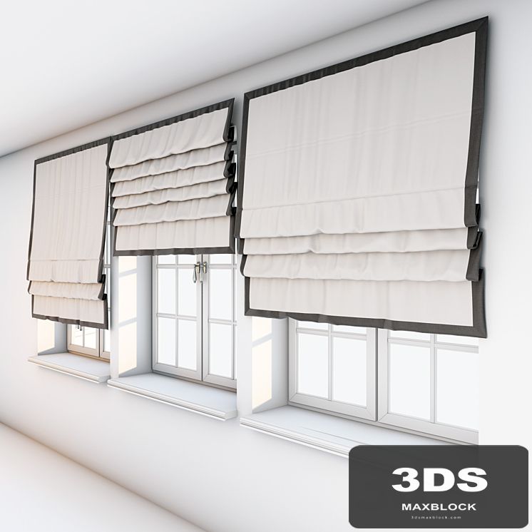 Light beige Roman curtains with a dark brown edge along the edge with a window.