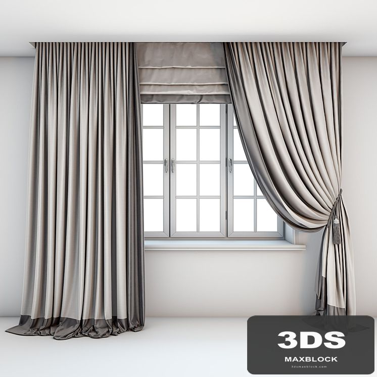 Two-color light curtains in the floor are straight and with a pick-up brush with a dark edging, Roman curtains and a window with layouts.