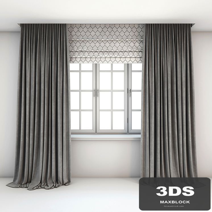Two-color straight gray curtains in the floor, Roman curtains with a yarrow pattern and a window with layouts.