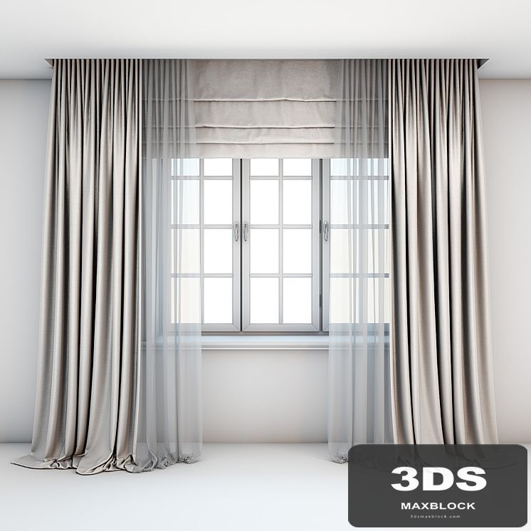Light beige curtains in the floor with tulle decoration, Roman curtains and a window with layouts.
