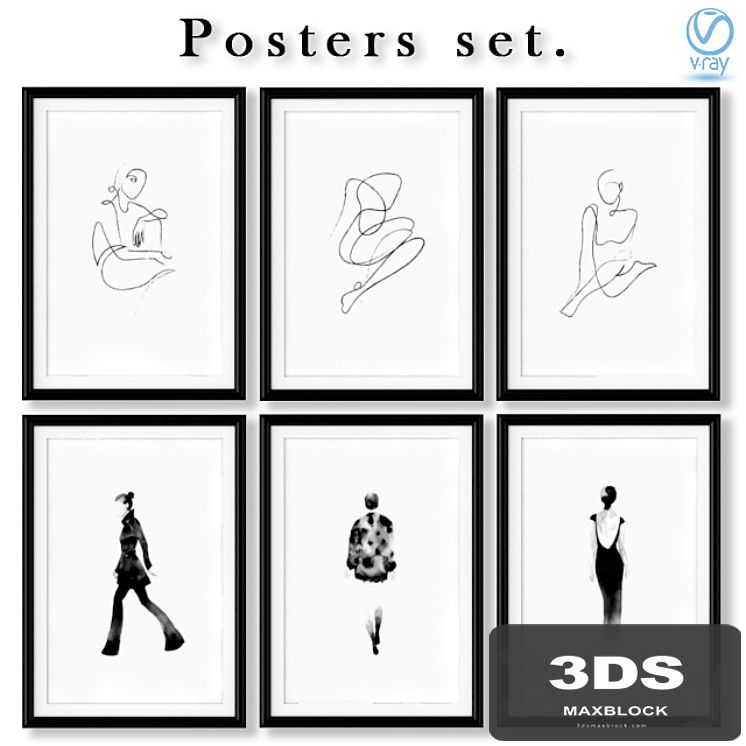 Collection of black and white abstract posters about fashion.