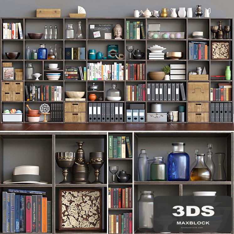 Closet with books and office supplies. Decor and books