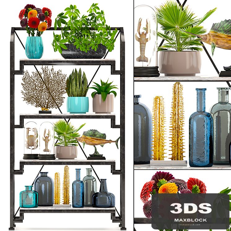 Decorative set. 9. Rack, shelf, decor, coral, flowers, vase, shelf with flowers