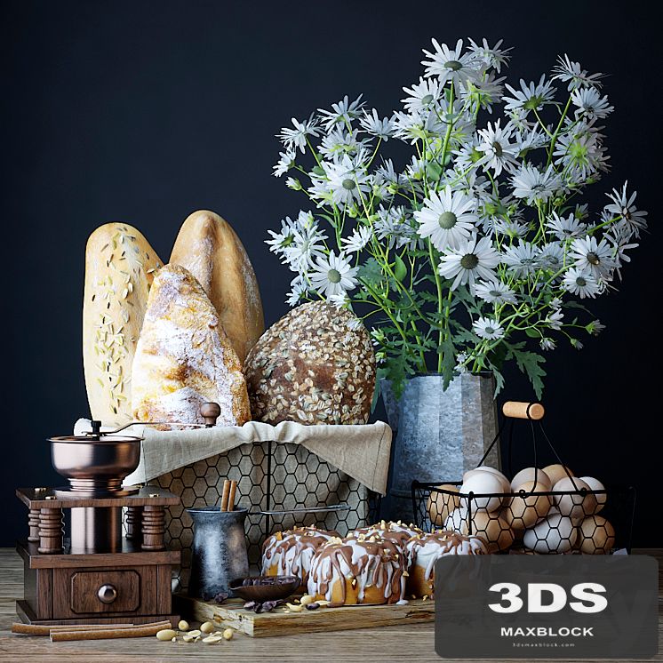Kitchen set with bread and cinnapons