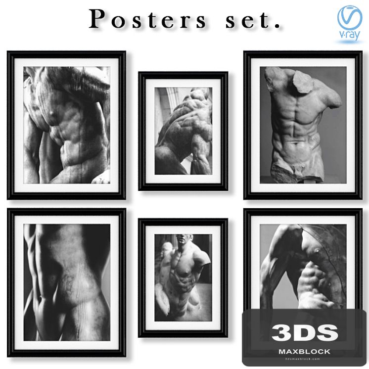 A series of black and white posters with statues.