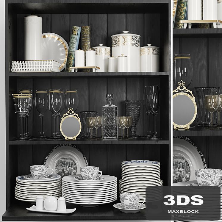 Wardrobe with a set of dishes and a crystal service in a classic style