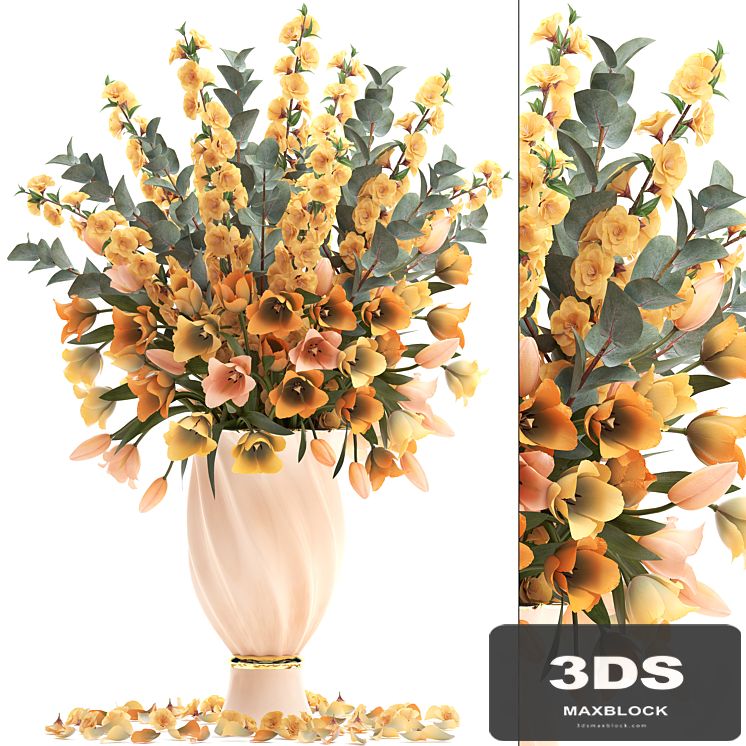 Bouquet of yellow flowers 30. Spring bouquet, tulips, eucalyptus, vase, decor, classic vase