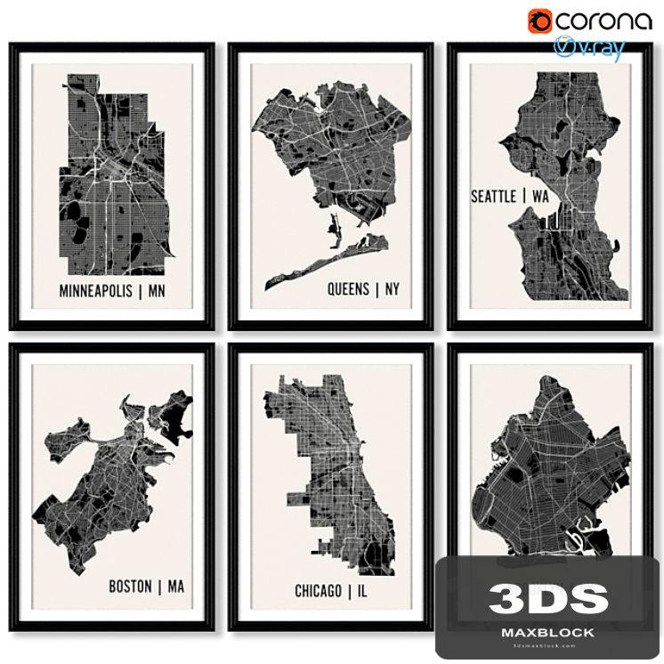 A series of posters with maps of cities and regions.