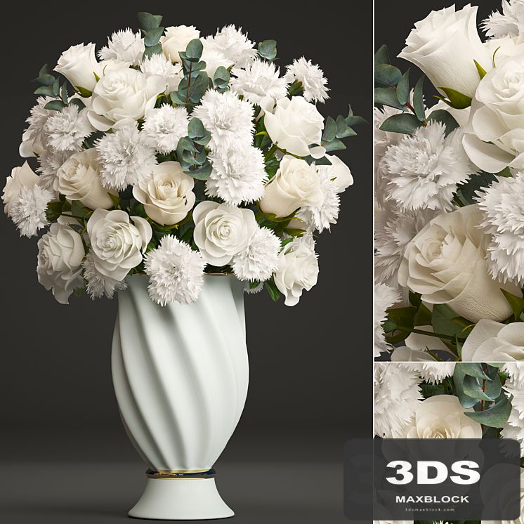 Bouquet of white flowers 35. Spring bouquet, vase, eucalyptus, white rose, carnation, luxury decor, classic vase