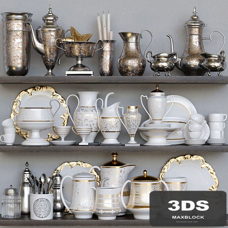 Classic crockery set with porcelain and gold leaf