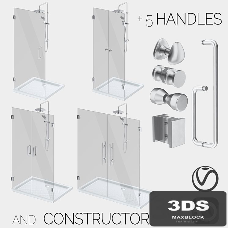 Glass shower cabins, designer and a set of handles