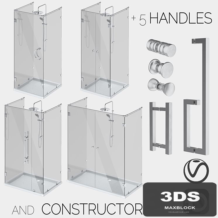 Glass shower cabins, designer and a set of handles