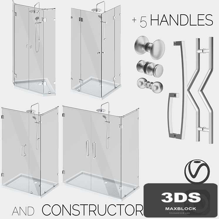 Angled glass shower cabins, designer and handle set