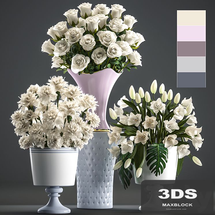 Set of white flowers 58. White bouquets, pot, flowerpot, white tulips, white roses, carnation, vase