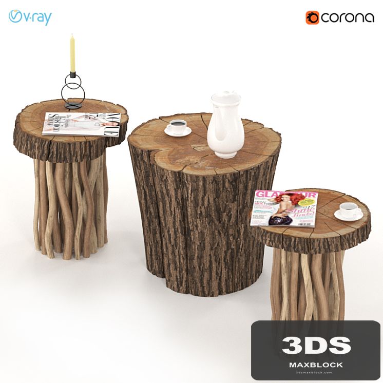Coffee tables made of stump and slab on wooden legs.
