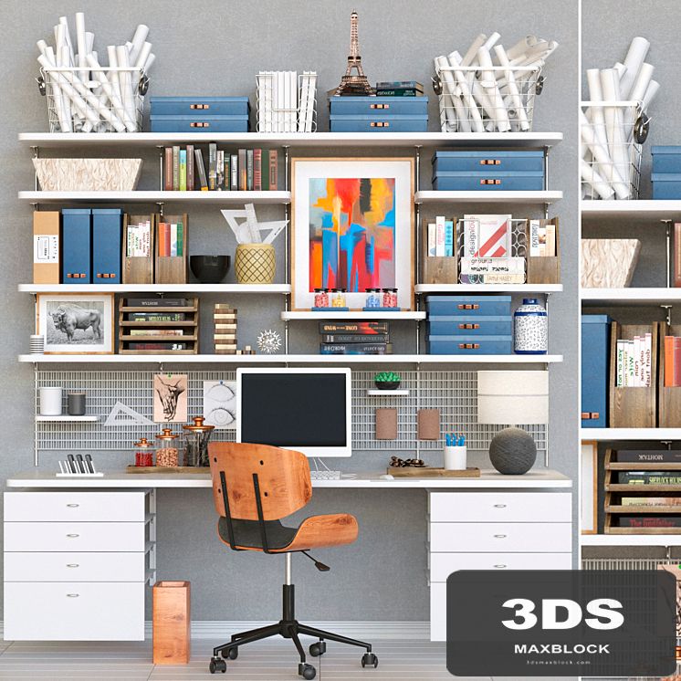 Collection of office furniture. Table with chair and stationery 10