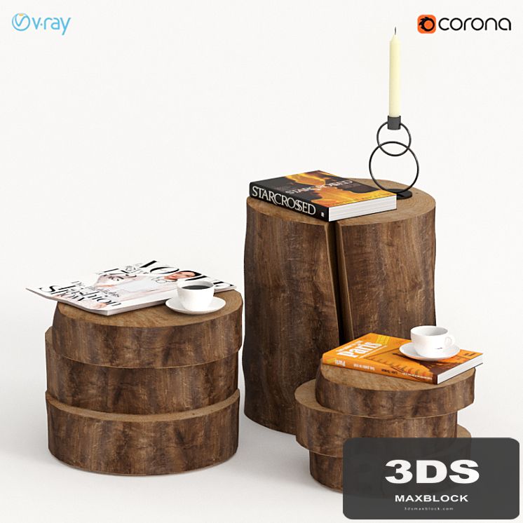 Collection of dark tables of stumps and slabs.